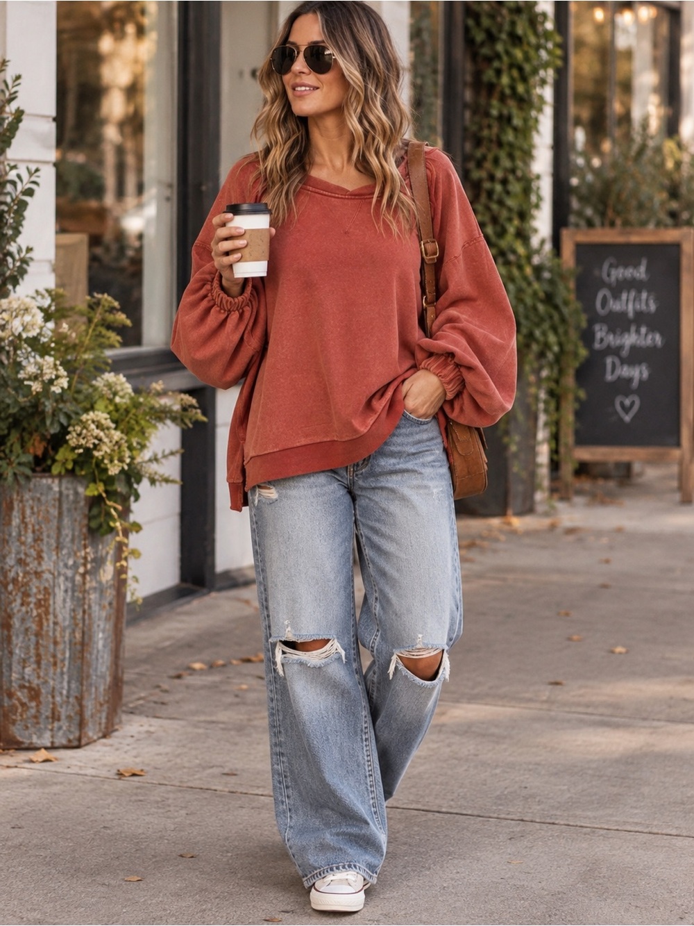 POL Rust Terracotta Crisscross Lace Back Oversized Sweatshirt New Size L